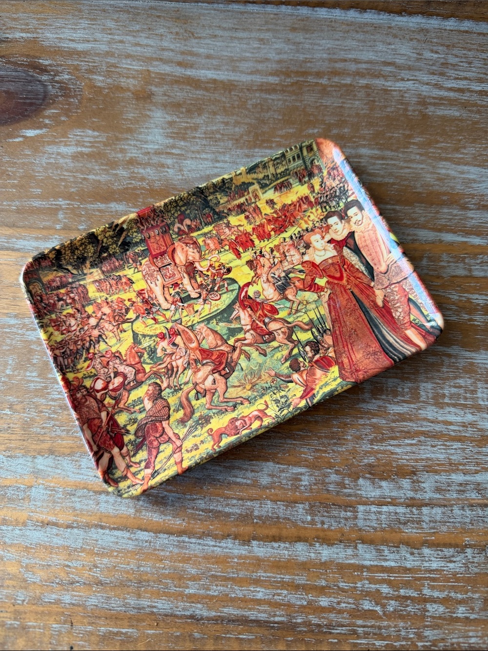 Vintage-Style Red Decorative Trinket Dish with Renaissance Scene